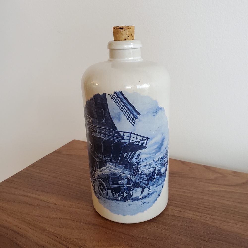 Vtg Stoneware Beer Bottle white Blue glazed Pottery German MKM Horse Windmill